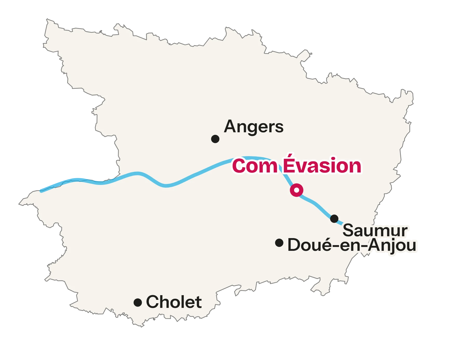 Carte du Maine-et-Loire : Com Évasion est à Gennes-Val-de-Loire, sur la Loire, entre Angers et Saumur