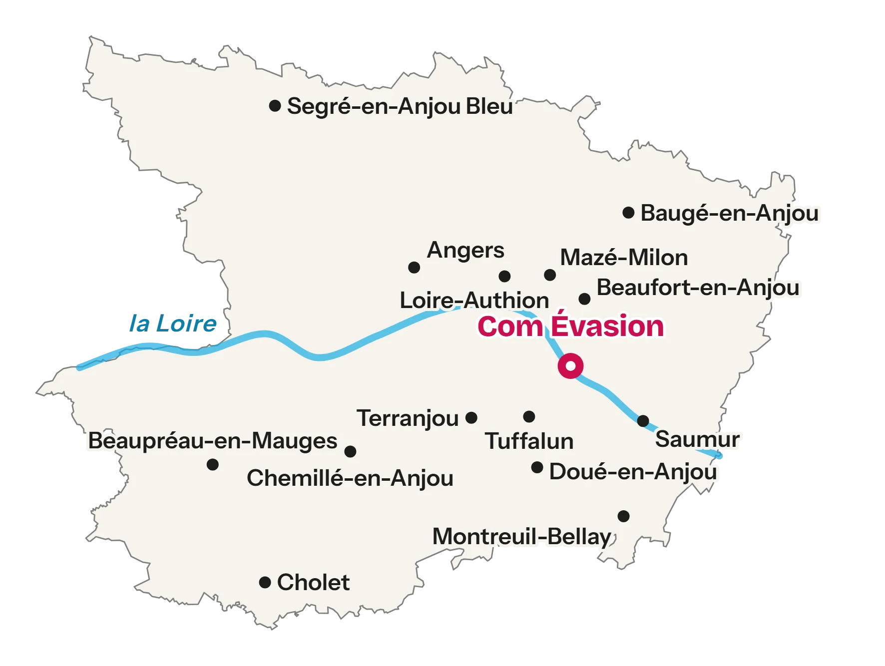 Carte du Maine-et-Loire : Com Évasion est à Gennes-Val-de-Loire, sur la Loire, entre Angers et Saumur