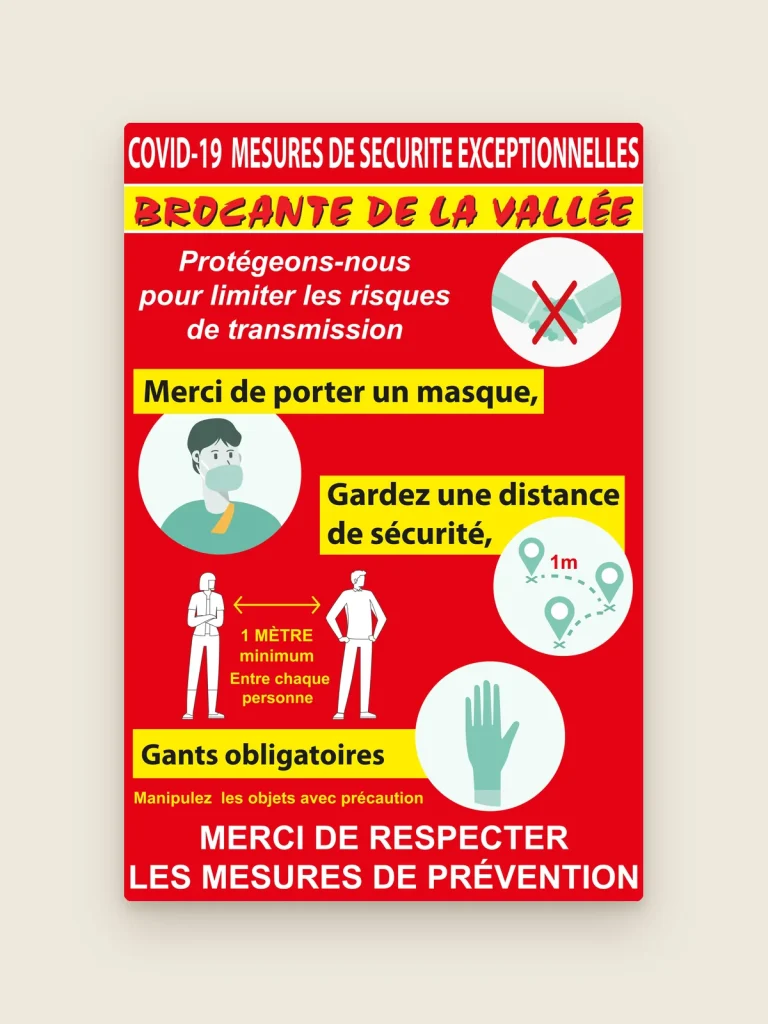 Affiche rouge et jaune « Brocante de la Vallée » avec les consignes : masque, distance d’un mètre, gants