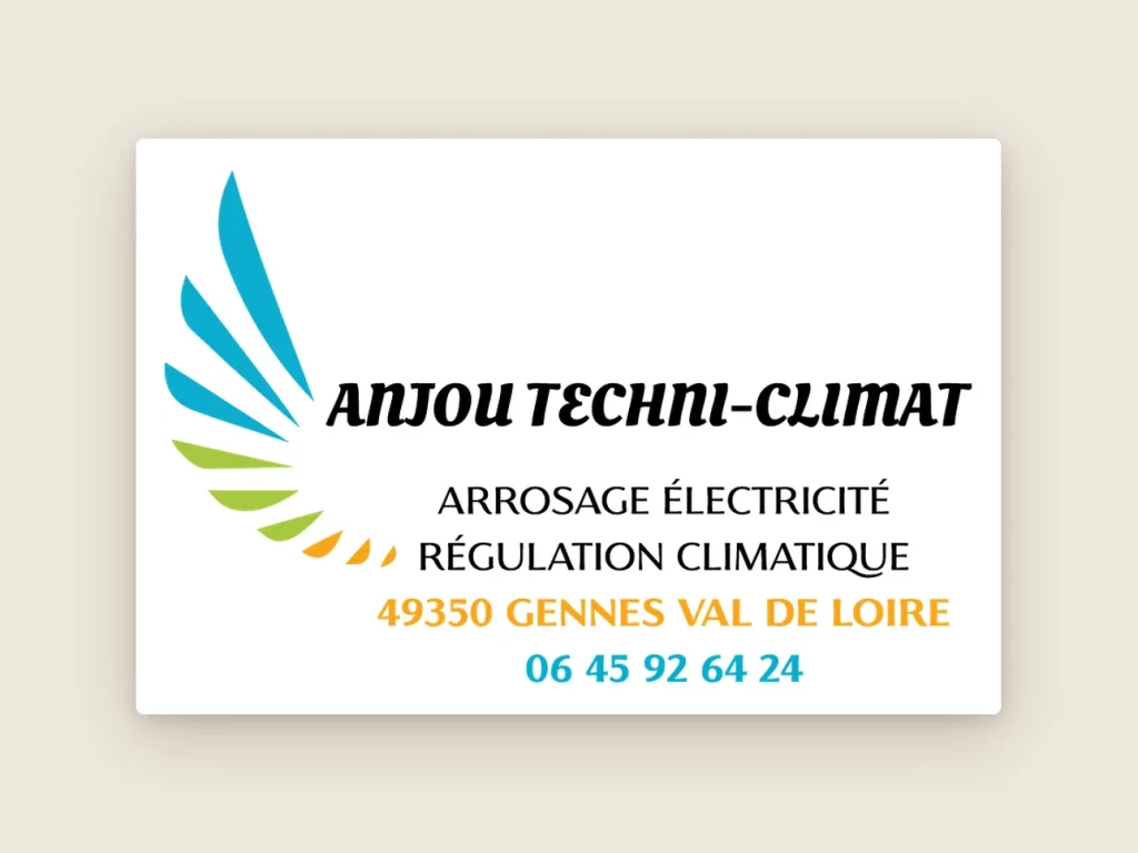 Logo Anjou Techni-Climat en aile bleue, verte et orange, avec les mentions arrosage, électricité et régulation climatique
