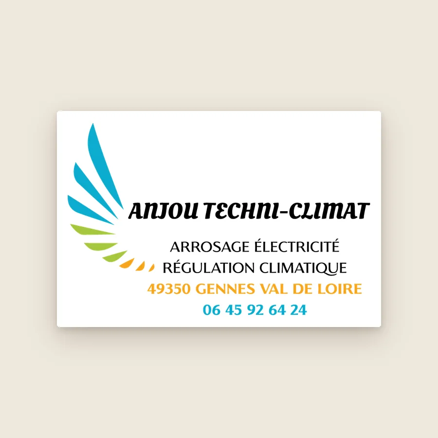 Logo Anjou Techni-Climat en aile bleue, verte et orange, avec les mentions arrosage, électricité et régulation climatique