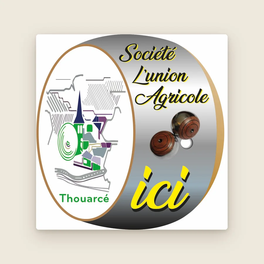 Logo rond de la Société L’Union Agricole de Thouarcé : clocher, boules de fort et le mot « ici » en jaune