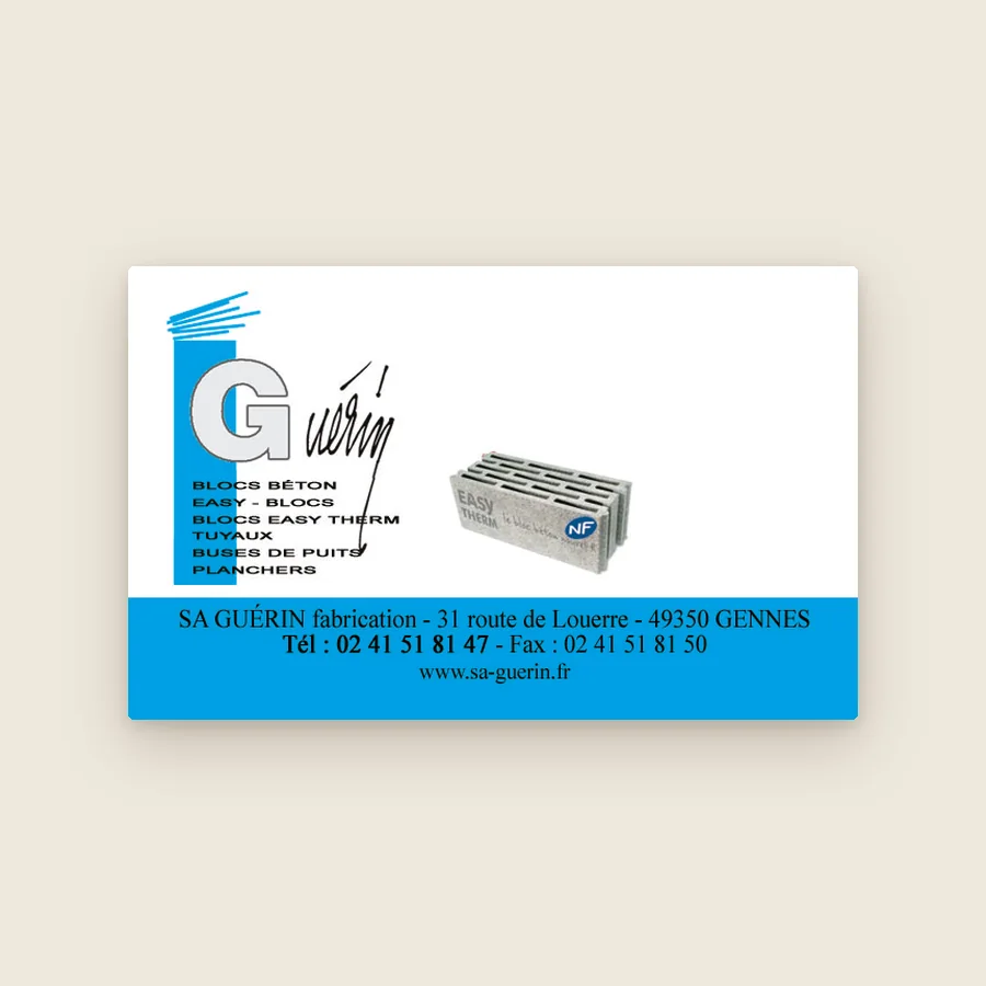 Carte de visite SA Guérin fabrication : logo G, liste des blocs béton et photo d’un bloc Easy Therm