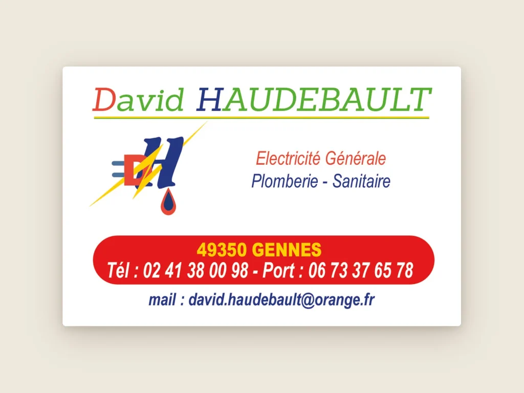 Carte de visite David Haudebault, électricité générale, plomberie, sanitaire, à Gennes