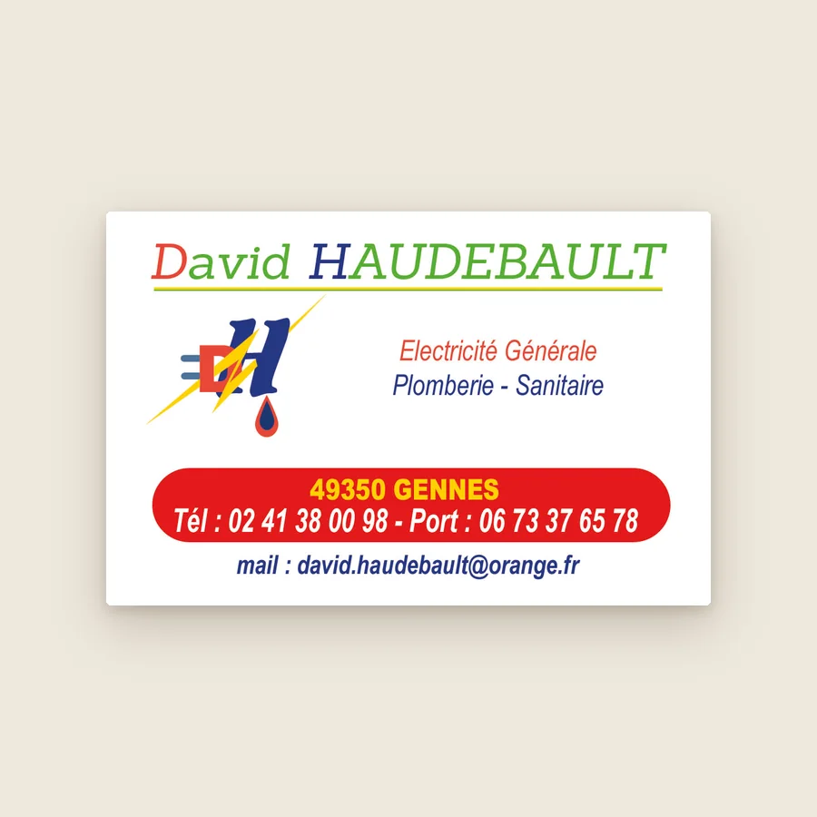 Carte de visite David Haudebault, électricité générale, plomberie, sanitaire, à Gennes