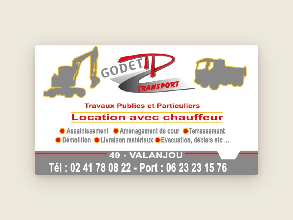 Flyer Godet TP Transport : pelleteuse et camion gris, liste des travaux et numéros de téléphone