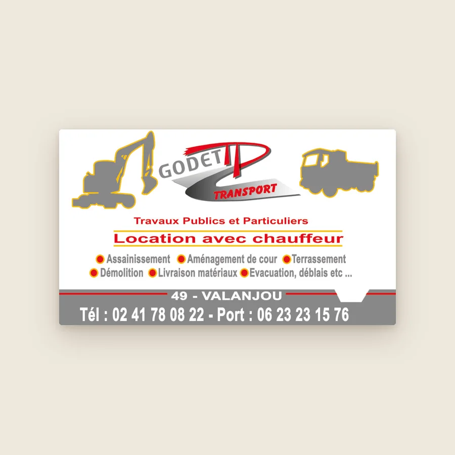 Flyer Godet TP Transport : pelleteuse et camion gris, liste des travaux et numéros de téléphone