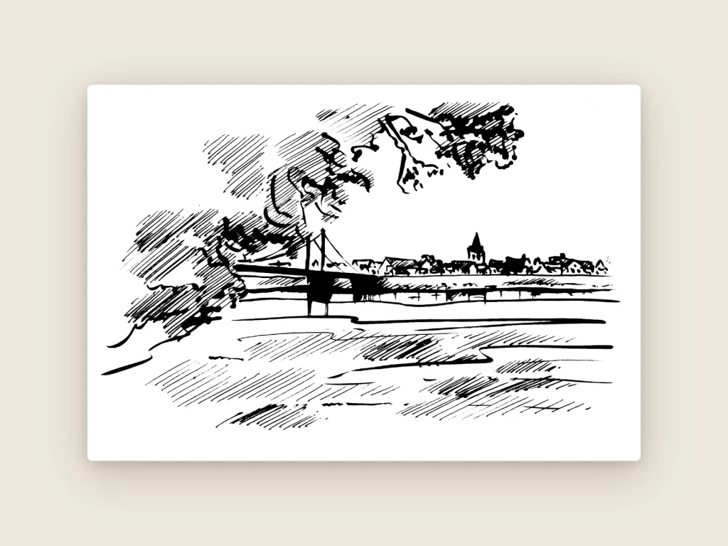 Dessin au trait du pont suspendu de Gennes sur la Loire, clocher en arrière-plan