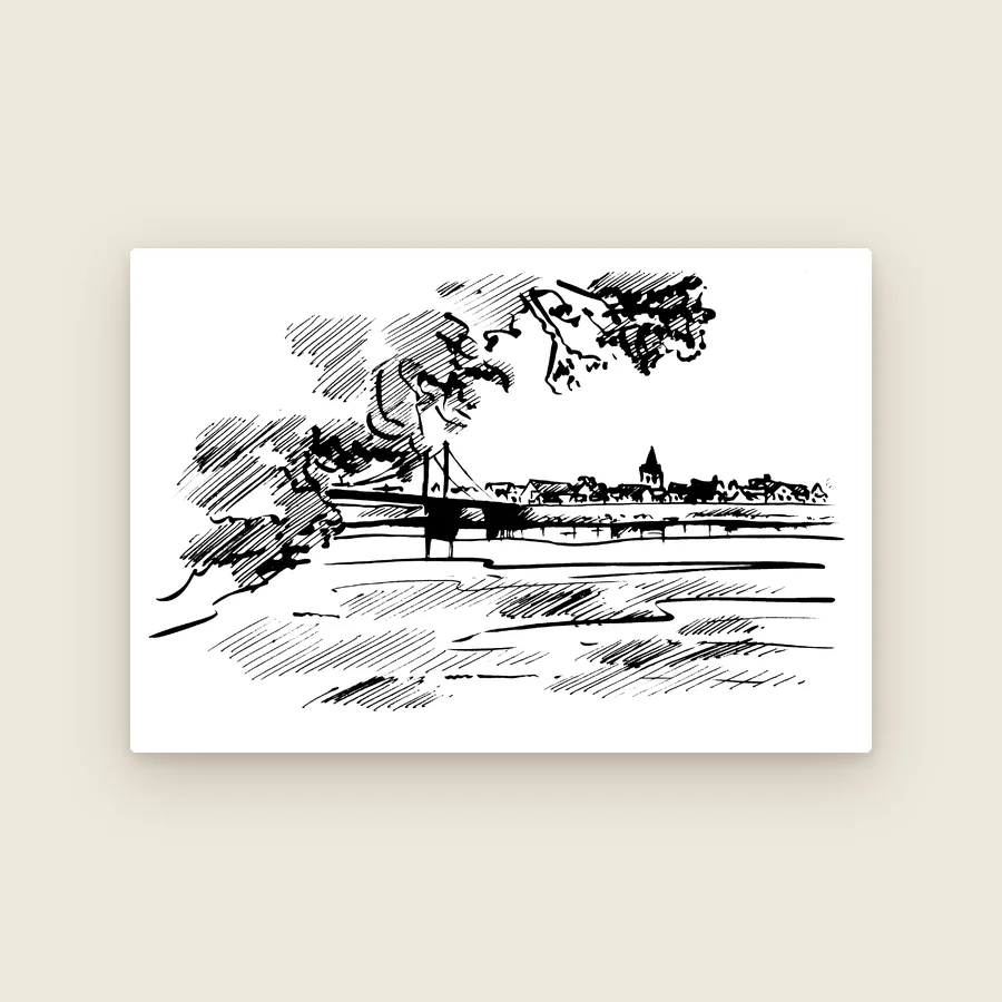 Dessin au trait du pont suspendu de Gennes sur la Loire, clocher en arrière-plan