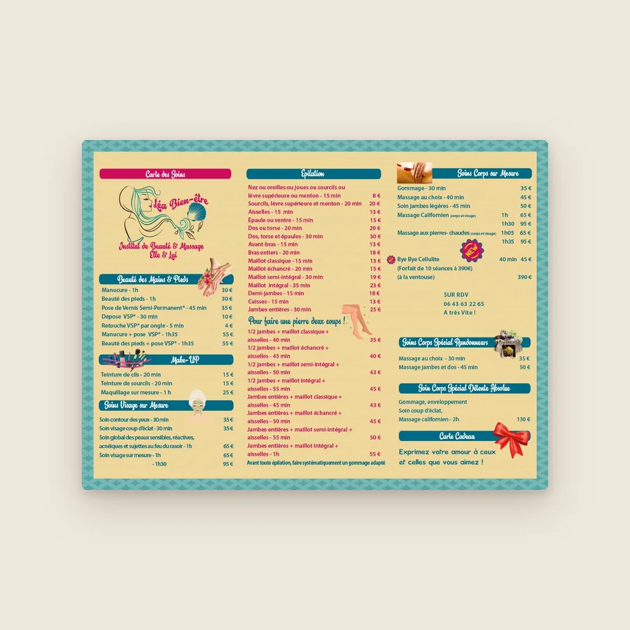 Affiche de la carte des soins de l’institut Léa Bien-être : beauté des mains et des pieds, épilation, soins du visage et du corps