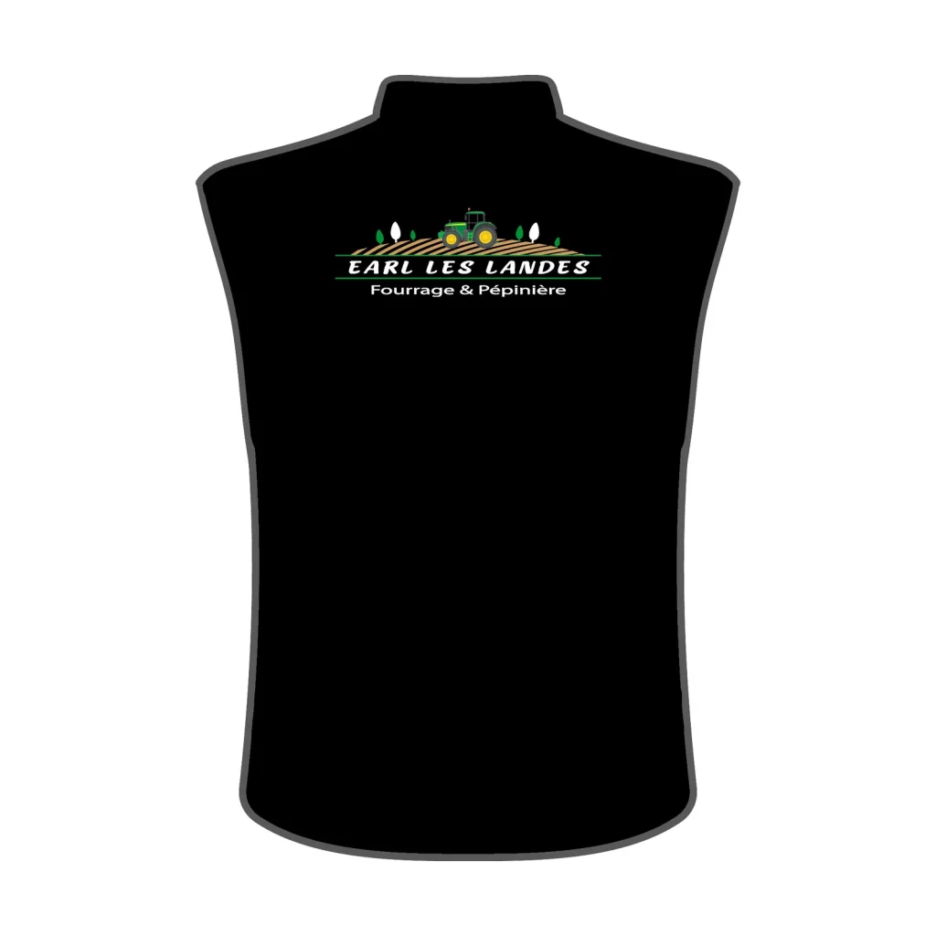 Bodywarmer noir marqué au logo EARL Les Landes, fourrage et pépinière, avec un tracteur vert