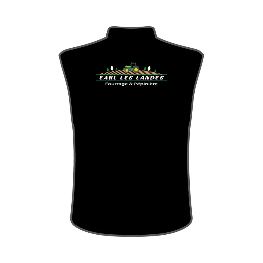 Bodywarmer noir marqué au logo EARL Les Landes, fourrage et pépinière, avec un tracteur vert