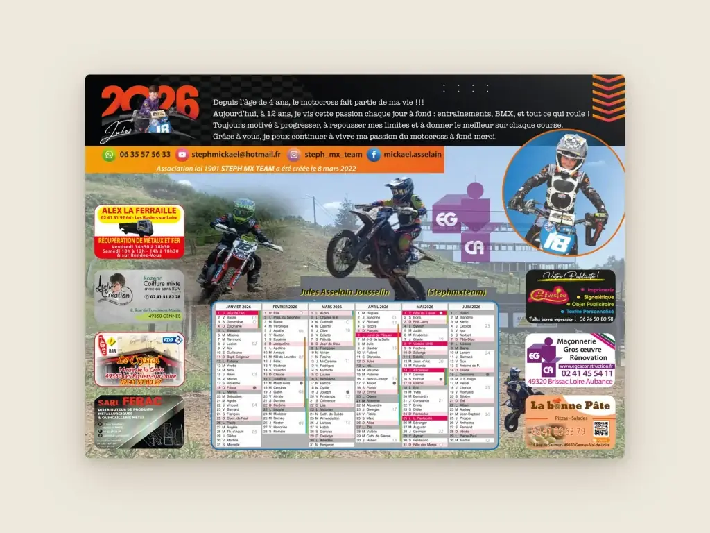 Calendrier 2026 d’un jeune pilote de motocross, avec ses photos en course et les encarts de ses sponsors