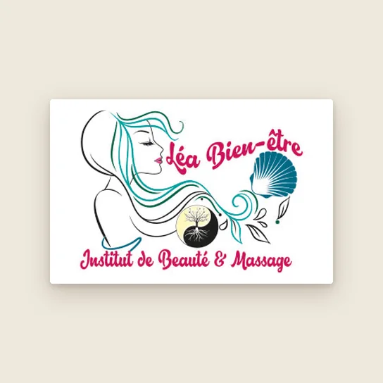 Logo Léa Bien-être, Institut de Beauté & Massage : profil de femme aux cheveux turquoise, coquillage et lettrage rose
