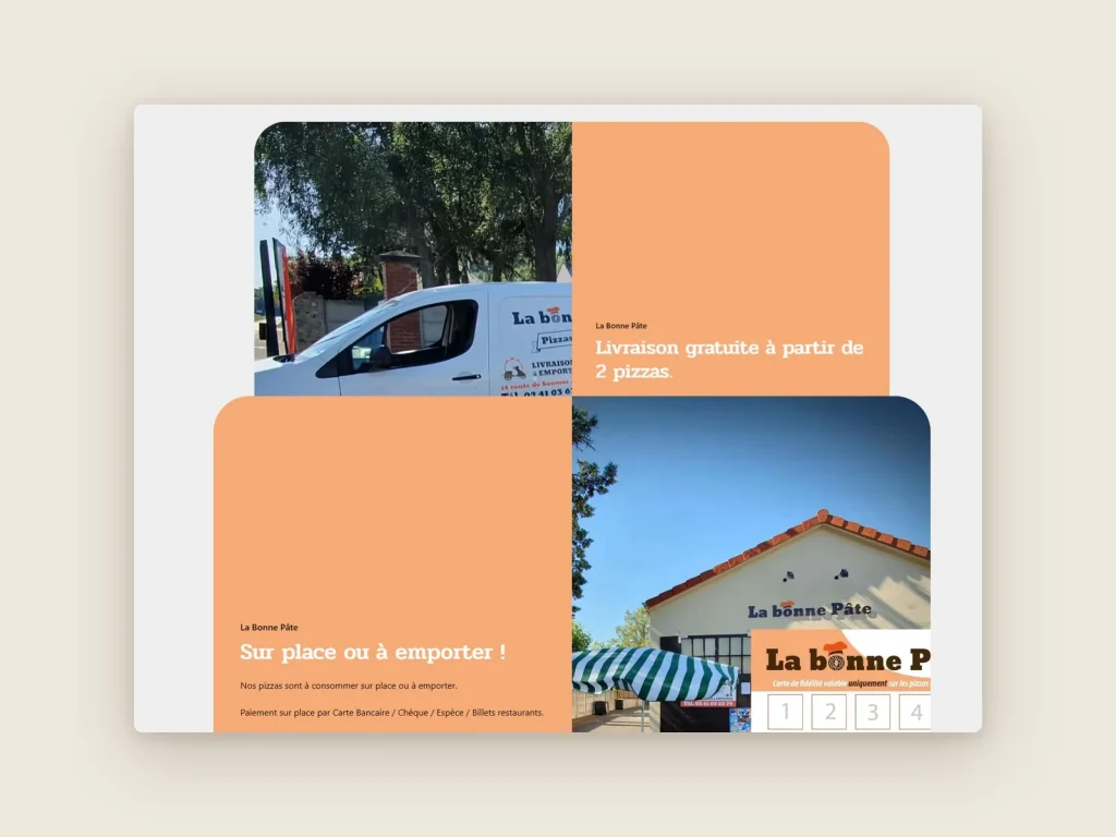 Page du site internet de La Bonne Pâte : pizzas sur place ou à emporter, livraison, photos du camion et du restaurant
