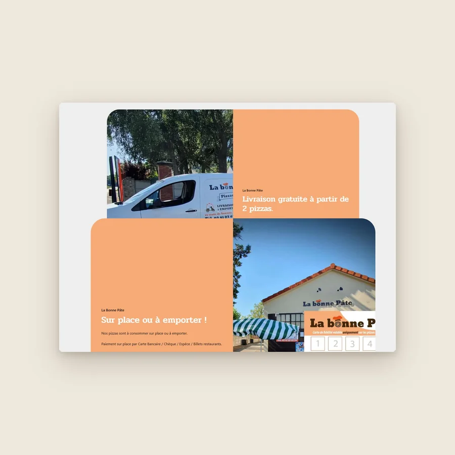 Page du site internet de La Bonne Pâte : pizzas sur place ou à emporter, livraison, photos du camion et du restaurant