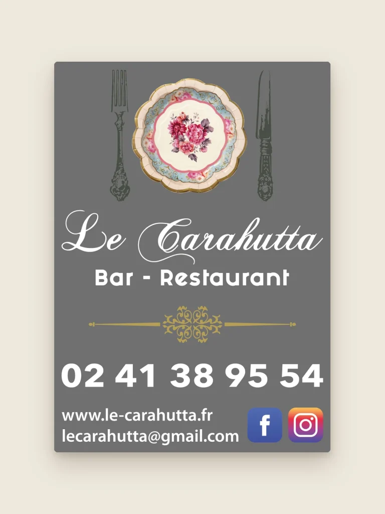 Visuel du stop-trottoir du bar-restaurant Le Carahutta : assiette fleurie, couverts et numéro de téléphone sur fond gris