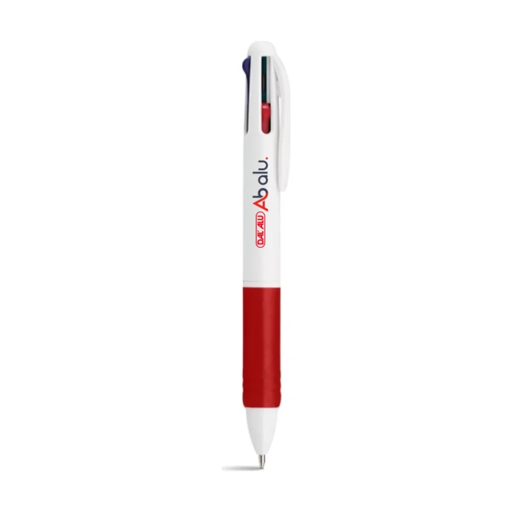 Stylo quatre couleurs blanc et rouge marqué au logo AB Alu