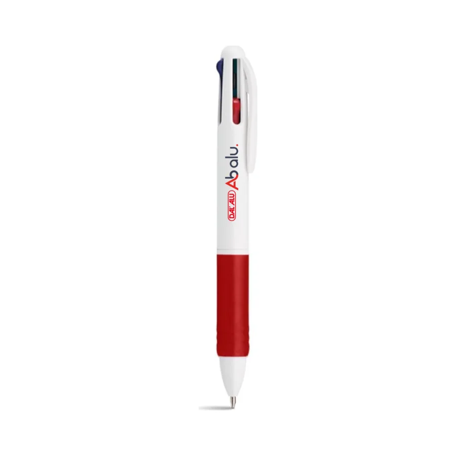 Stylo quatre couleurs blanc et rouge marqué au logo AB Alu