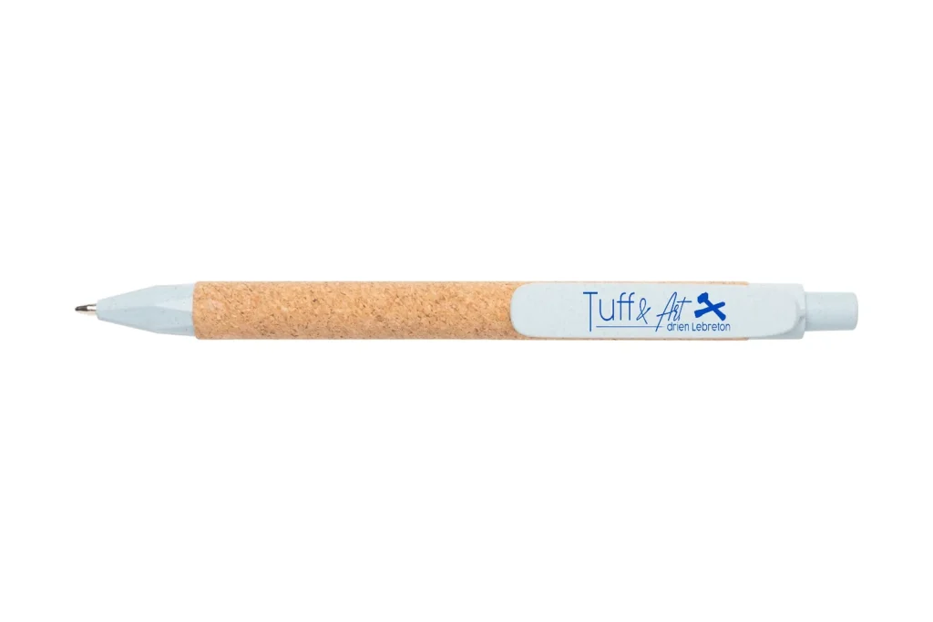 Stylo en liège et embout blanc marqué en bleu au logo Tuff & Art
