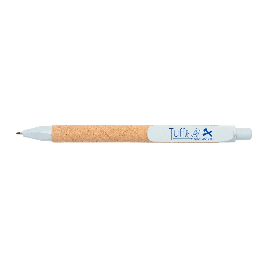 Stylo en liège et embout blanc marqué en bleu au logo Tuff & Art